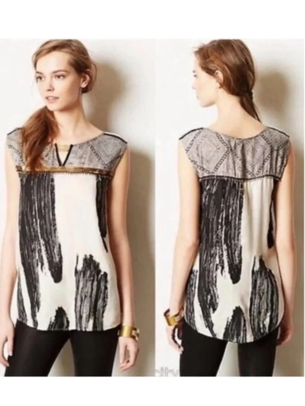 Free People Black and Cream Printed Sleeveless Blouse sequined in front.